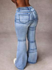 SHEIN ICON Calça Denim Feminina com Babado e Bolsos, Casual e Versátil - Azul - Visão 2