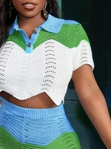 Slaydiva 两件套女士夏季撞色 Polo 领针织上衣和长裤套装 - 彩色 - 查看 8