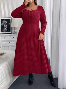 Calvaya Plus Size Solid Color Long Sleeve Dress, Spring & Autumn For New Year Clothes Maxi Women Outfit - Red - View 7