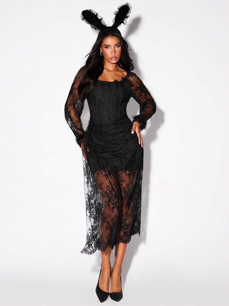 halloween black lace dress Halloween Women's Gothic Dress Black Lace Up Lace Gothic Polyester Tunic  Dress