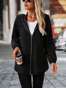 SHEIN LUNE Abrigo regular de forro polar con capucha de unicolor casual para mujer en otoño e invierno - Negro - Ver 2
