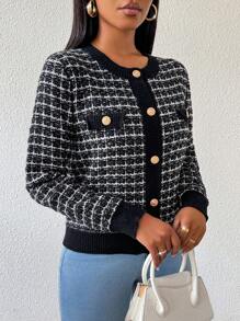 SHEIN Lady 秋冬开衫毛衣女装秋季女装秋季女装秋装简约工作办公室优雅办公装女教师服毛衣圆领拼色金属纽扣女士开衫，长袖上衣 - 黑與白 - 查看 3