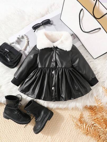 女婴拼色纽扣前褶边下摆长袖夹克，秋冬