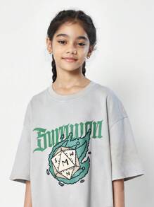 SUMWON Tween Girls Washed Oversized Fit Drop Shoulder Tee With Graphic Print - Grey - View 3
