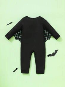 SHEIN 男婴中性款可爱趣味夜光吸血鬼印花翼形设计服装，适合万圣节、派对、郊游、休闲家居服、秋冬季 - 黑色 - 查看 3