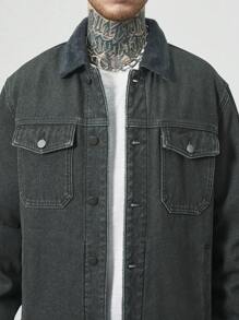 Manfinity Homme Men's Solid Color Front Button Pocket Casual Denim Jacket - Light Wash - View 7
