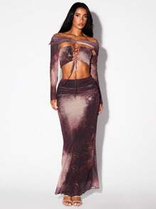 Glamine 万圣节女士印花系带露肩长袖上衣和裙子两件套 - 摩卡棕 - 查看 3