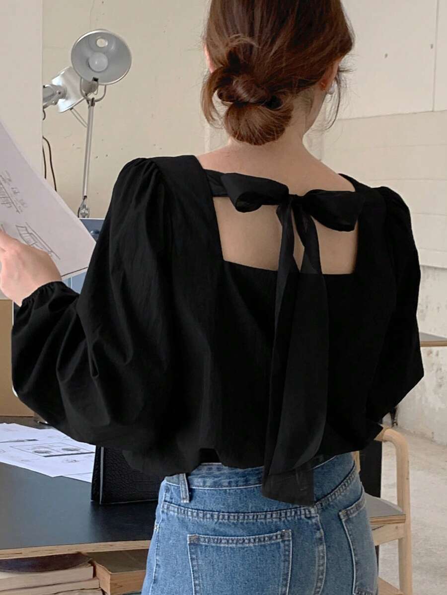 DAZY Women's Solid Color Tie-Back Bow Long Sleeve Black Blouse, Spring & Summer,Fall Clothes