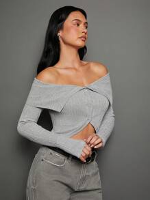 WESTFADE Cardigan tricoté côtelé avec épaules dénudées - Gris - Voir 10