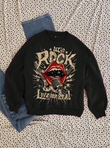 Attitoon Sudadera holgada de cuello redondo con estampado gráfico minimalista de labios vintage para mujer, apta para otoño/invierno