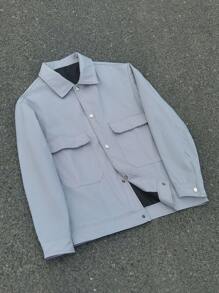 Manfinity Homme Chaqueta casual de manga larga con bolsillo de carga de unicolor para hombre, primavera y otoño