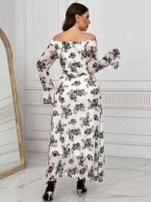SHEIN Privé 大码优雅花卉印花露肩修腰 A 字长款绿色连衣裙 Abaya - 彩色 - 查看 3