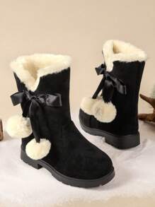 Bottes de neige de princesse d'hiver pour fille, bottes grandes chaudes doublées de fourrure avec décoration de nœud, chaussures d'hiver de bébé/tout-petit pour l'extérieur à Noël