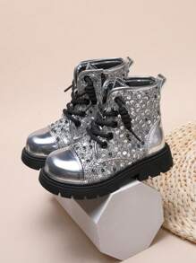 Glitter Children Boots Mid/Kids Winter Shoes British Style Girls High-Top Ankle Boots Fashion Motorcycle Boots - Silver - View 1