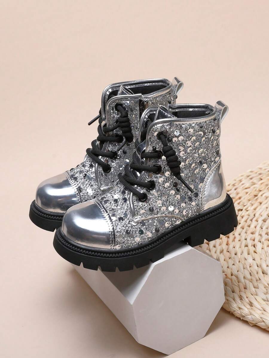 Glitter Children Boots Mid/Kids Winter Shoes British Style Girls High-Top Ankle Boots Fashion Motorcycle Boots - Silver - View 1