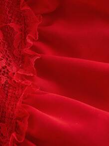 SHEIN MOD Áo cánh tay đèn lồng ren tương phản thanh lịch dành cho nữ, mùa xuân và mùa hè - Đỏ - Xem 4