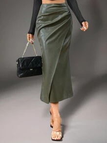 SHEIN Privé Women's Elegant Olive Green PU Fishtail Long Skirt,Autumn Pleated Tight Skirt For Office,Business Casual Fashion Commuting Versatile Fall Clothing - Green - View 8