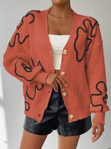 Chiquease Cardigan Kasual Wanita Motif Bunga, Lengan Panjang, Model Bahu Longgar, Kancing Tunggal, Pakaian Musim Gugur & Musim Dingin untuk Wanita - Jeruk - View 5