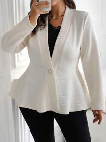 SHEIN Clasi Plus Size Solid Color Faux Pearl Button Cardigan, Casual Daily Wear - Apricot - View 1