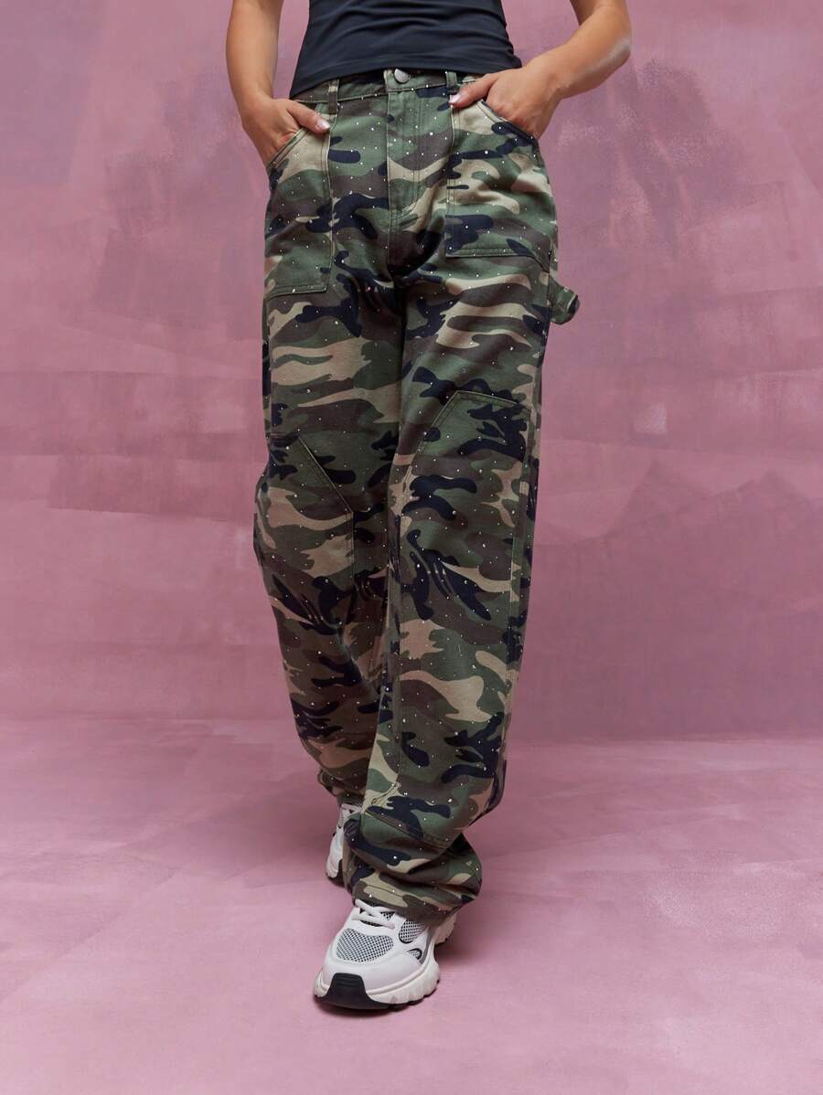 MISSGUIDED 水钻缀饰迷彩印花直筒牛仔裤 - 彩色 - 查看 1