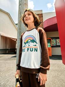 SHEIN 2pcs/Set Tween Boys Color Block Letter Print Casual Pullover And Pants Outfits, Suitable For Outdoor Daily Wear In Fall