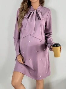 SHEIN Áo dài buộc dây cổ đính cườm thanh lịch dành cho bà bầu cho mùa xuân thu - Màu tím  Violet - Xem 1