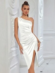 Elisanya One Shoulder Solid Color Pleated Accent Front Slit Cocktail Party Date Night Dress - White - View 3