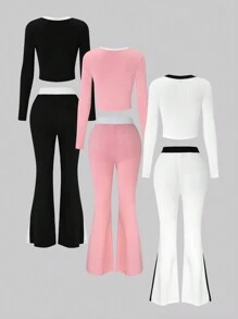 Chiquease 3pcs High-Waisted Colorblock Slimming Flare Leg Pants Set
