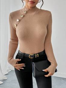 SHEIN Clasi 女士修身纯色纽扣装饰针织套头衫，秋冬款 - 卡其色 - 查看 1