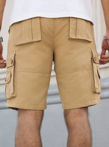 Manfinity Homme Pantalones cortos de bolsillo sencillos de unicolor para hombres, de uso diario - Caqui - Ver 2