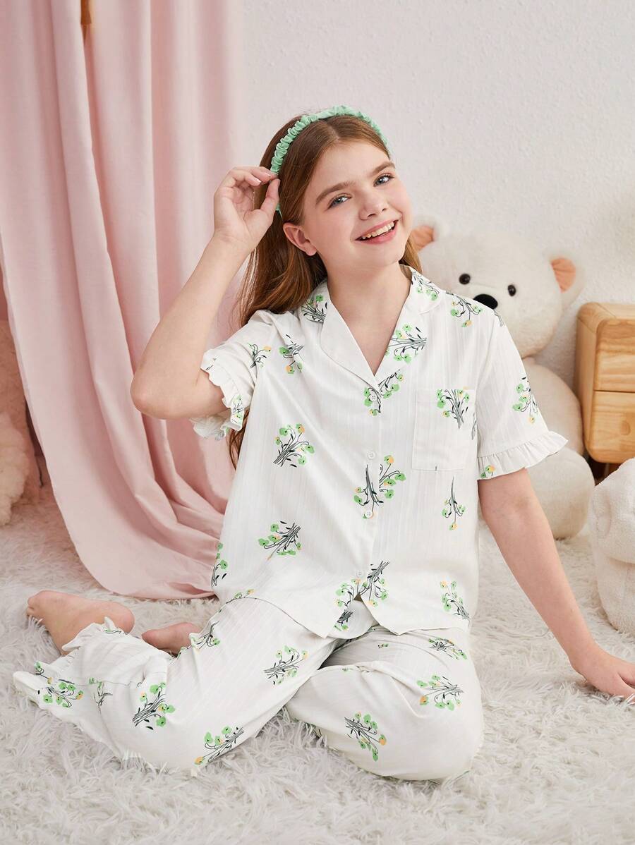SHEIN Tween Girl 荷叶边 V 领口袋短袖上衣和裤子休闲家居服套装 - 薄荷綠 - 查看 1