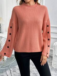 SHEIN LUNE Women's Solid Color Button Decor Stand Collar Long Sleeve Pullover Sweater, Knit Pullover Fall Winter - Pink - View 5