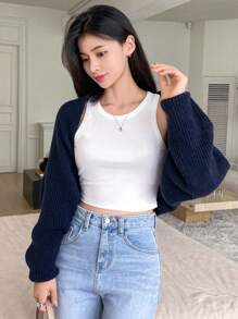 DAZY 女士纯色休闲长袖针织开衫 - 藏蓝色 - 查看 5