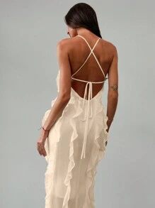 Aloruh Vestido de gasa con decoración de volantes de múltiples capas con espalda descubierta, estilo de diosa, para mujer, para primavera y verano, elegante - Albaricoque - Ver 5