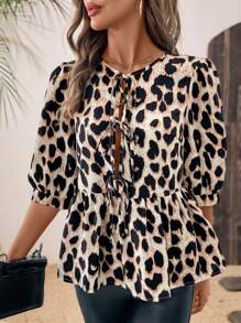 SHEIN Clasi Women Leopard Print Ruffle Hem Round Neck Casual Winter Fall Women Clothes Thanksgiving Halloween Women Homecoming Work Clothes Date Night Shirt - Brown - View 4