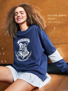 GLOWMODE GLOWMODE X HARRY POTTER Everyday Terry Oversized Hogwarts Print Crew Neck Sweatshirt Daily Casual