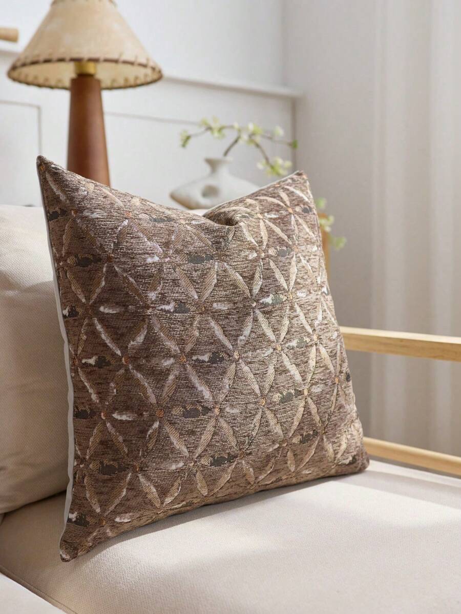 1件雪尼尔浅棕色花瓣提花枕套，田园花卉风格方形枕套，适用于沙发、床、椅子、客厅、卧室、汽车装饰靠垫 - 淺棕色 - 查看 1