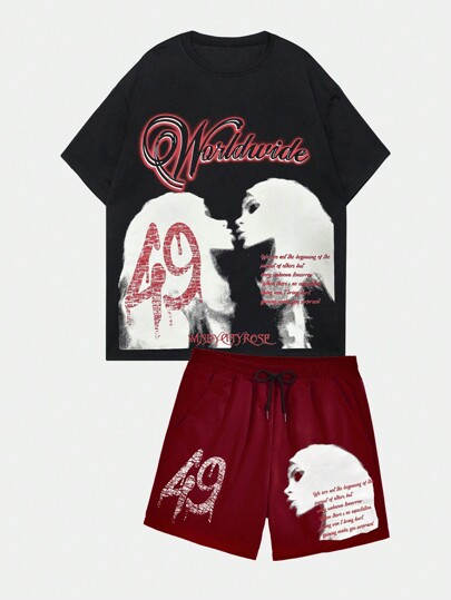 Street Life 2 pezzi Set di maglietta a maniche corte con stampa di slogan e figure casual da uomo e pantaloncini con coulisse in vita, Maglietta grafica e pantaloncini per l'estate