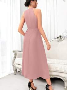 Modelyn Women's Summer Solid Color Ruffle Hem Pleated Maxi Sleeveless Elegant Dress Long Evening Dresses - Pink - View 3