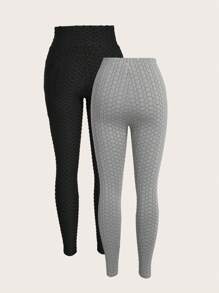 SHEIN EZwear 女款双色针织高弹力腰紧身裤 - 彩色 - 查看 2