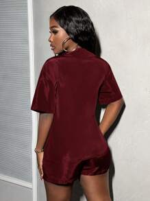 Slaydiva Summer Casual Loose Fit Short Sleeve Button Open Front Shirt And Shorts Set Outfits - Burgundy - View 2