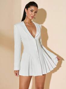 SHEIN BAE 女士 V 领前排纽扣长袖褶皱优雅连衣裙，白色 - 白色 - 查看 5