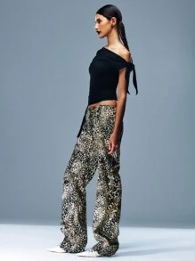 Leopard Print Zipper Front Wide Leg Pants