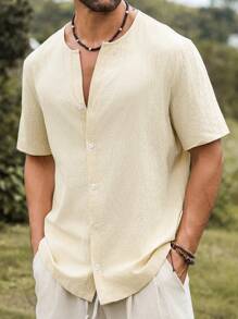 Genlund 男士休闲宽松纯色单排扣短袖衬衫，夏季 - 杏色 - 查看 6