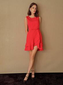 MOTF STUDIO SOLID LAYERED ASYMMETRICAL RUFFLE HEM BOW BELTED SHORT DRESS, NEW YEAR OUTFIT - Red - View 5