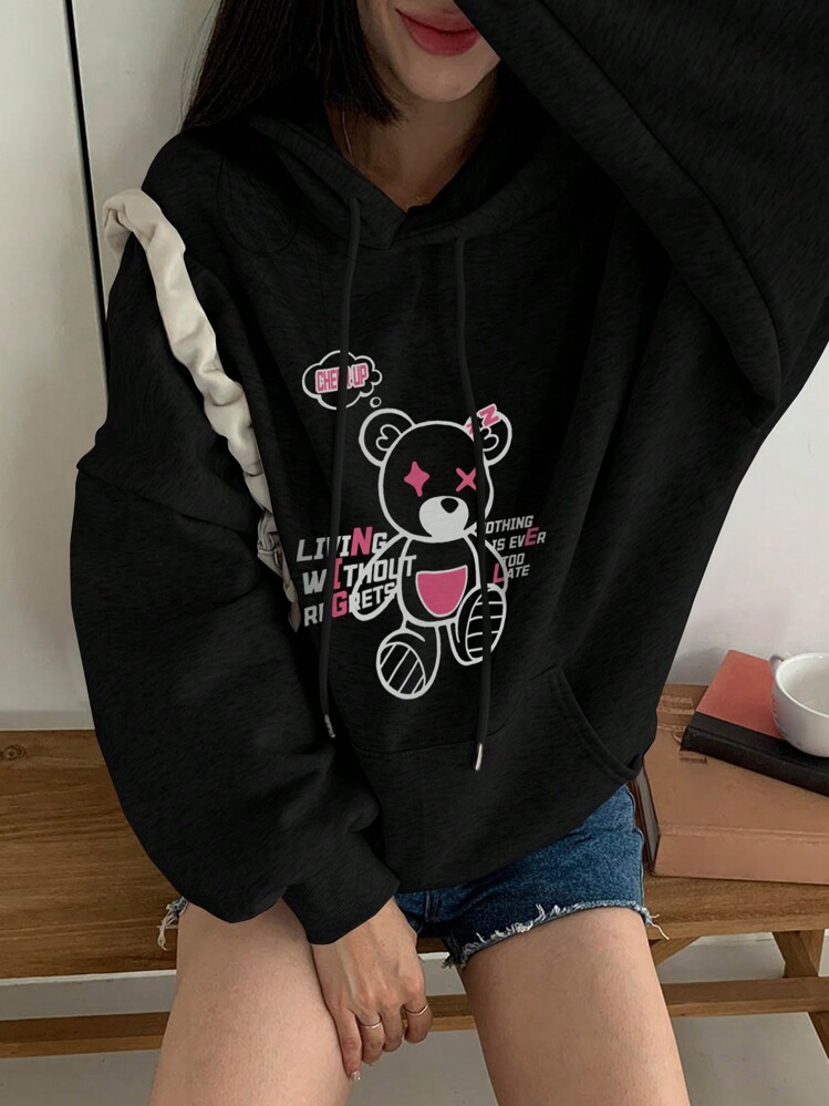 DAZY 女士黑熊印花连帽长袖运动衫 - 黑色 - 查看 4