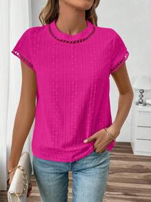 Breezaya Women's Summer Solid Color Hollow Round Neck Cap Sleeve Blouse - Hot Pink - View 4