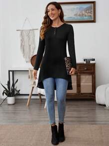 Faunlyn Women Spring/Autumn Casual Solid Asymmetric Hem T-Shirt - Black - View 4