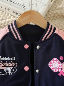 Young Girls Front Button Stripe Patchwork Embroidered Pocket Casual Jacket - Multicolor - View 4