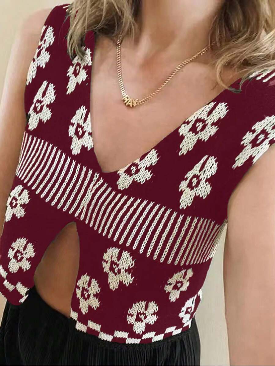 INAWLY 女士花卉印花无袖针织上衣 - 酒紅色 - 查看 1